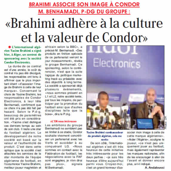 Condor Electronics leader de l’électroménager,informatique, et téléphonie en Algérie, s’allie à la star du football algérien